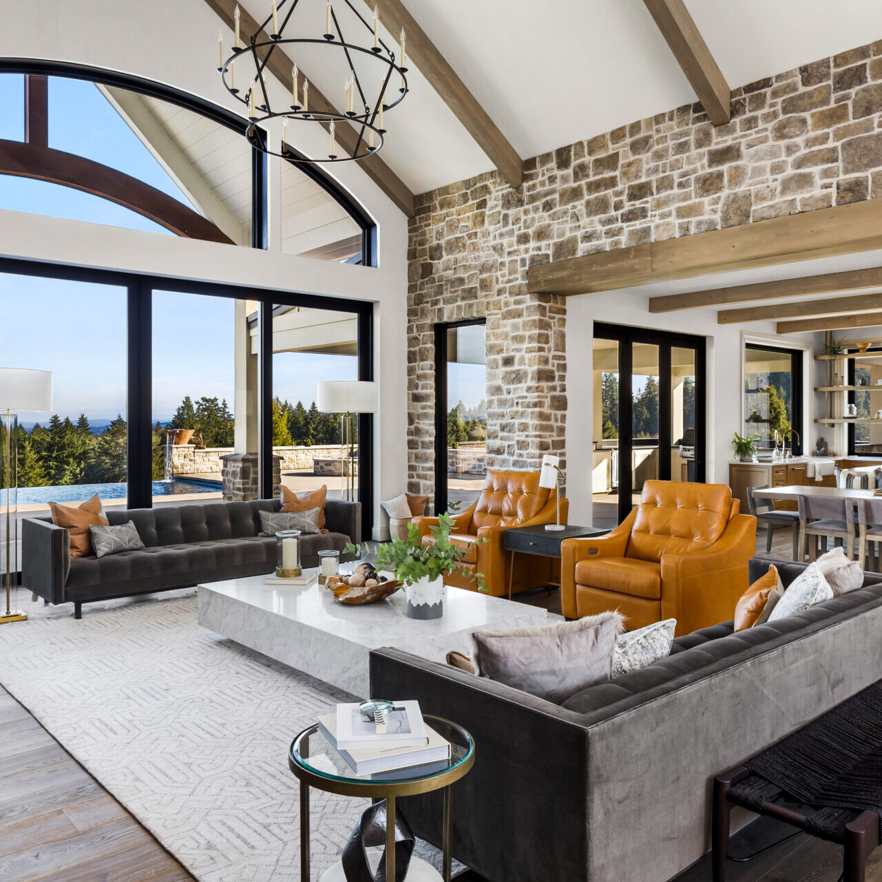 Beautiful Living Room And Kitchen In New Luxury Home With Wall O