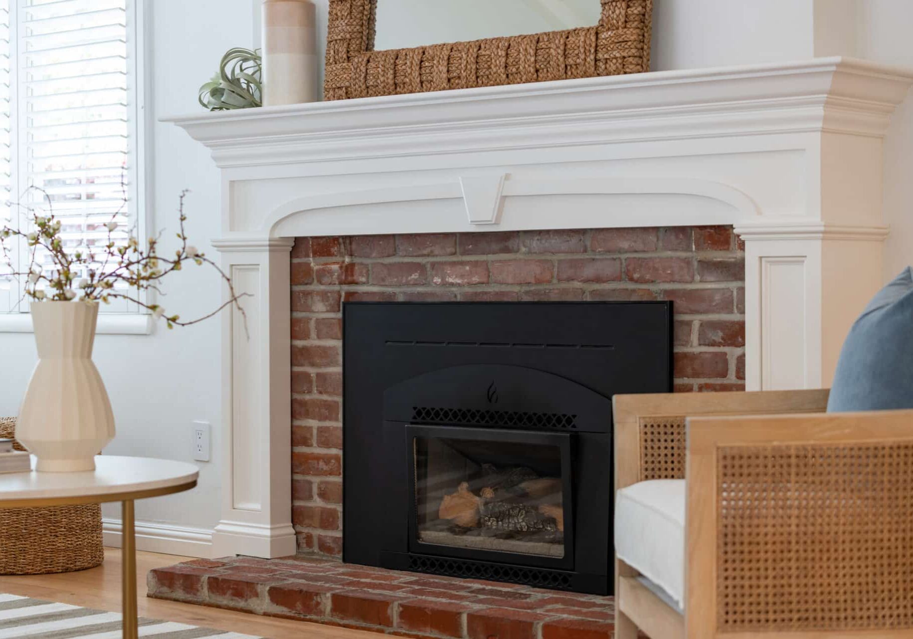 Original Brick Fireplace With New Painted Mantle And Fireside Se